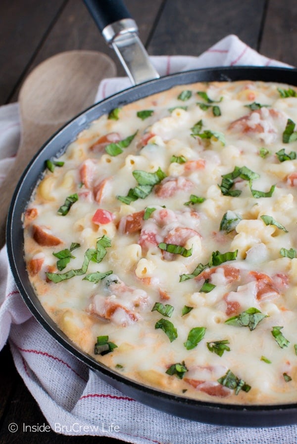 This easy Tomato Basil Sausage Skillet recipe can be made in under 30 minutes. Great dinner for busy nights.