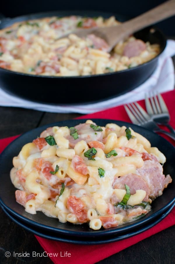 Tomato Basil Sausage Skillet recipe - this easy cheesy pasta dinner can be on the table in under 30 minutes