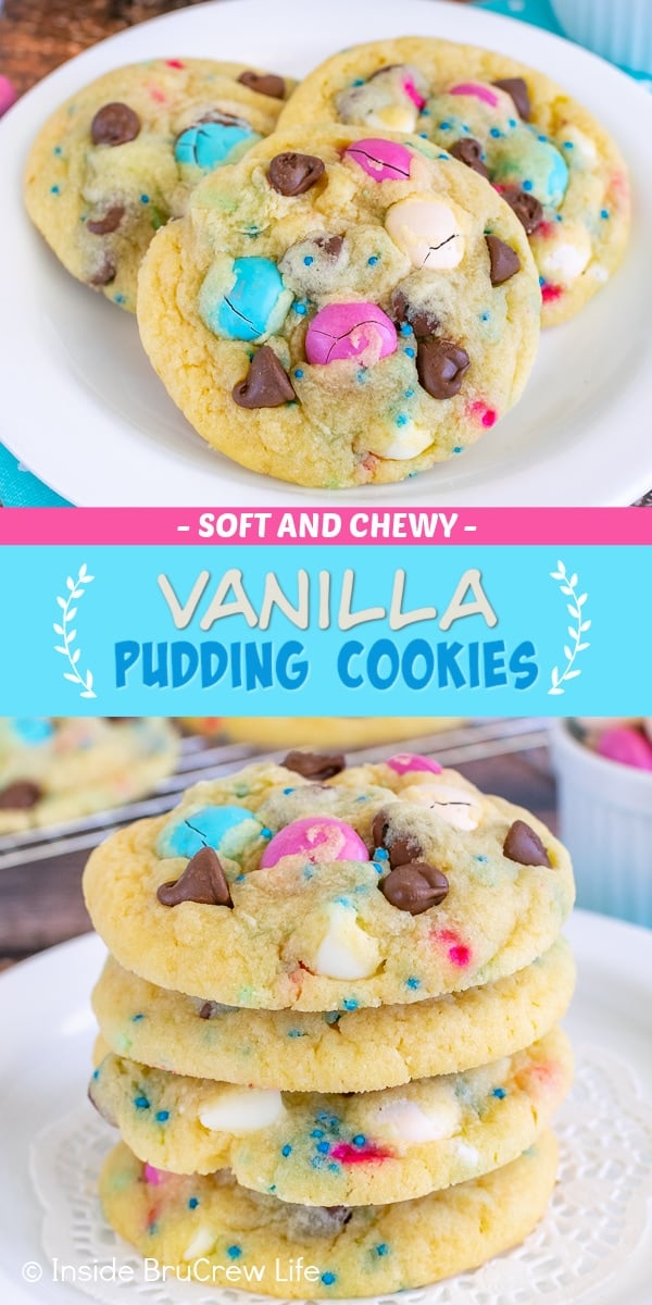 Two pictures of vanilla pudding cookies with M&M's collaged with a bright blue text box.