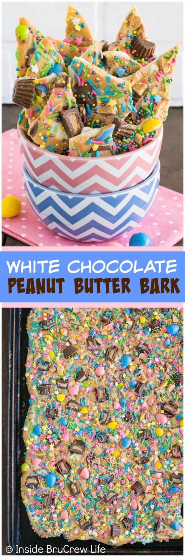 2 pictures of White Chocolate Peanut Butter Bark loaded with Easter sprinkles.