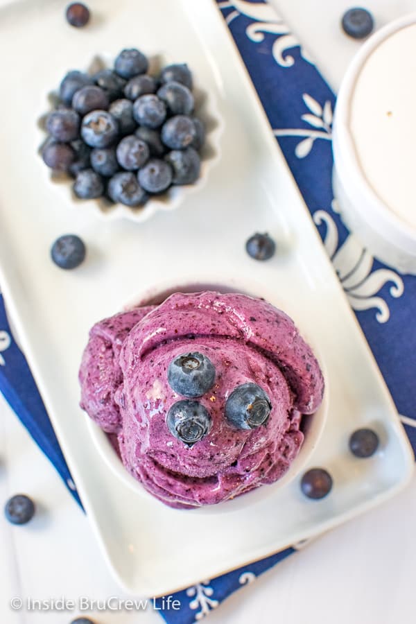 An overhead picture of a bowl of blueberry banana frozen yogurt and a bowl of blueberries beside it