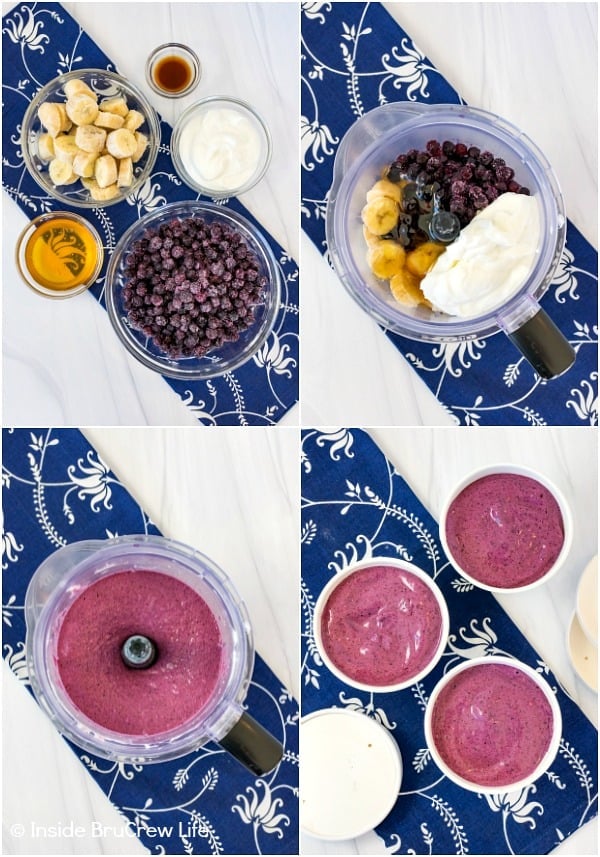 Four pictures collaged together showing ingredients and how to make blueberry banana frozen yogurt