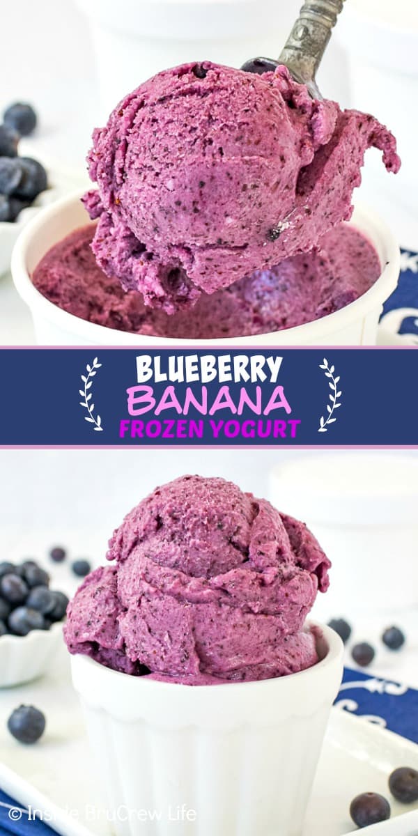 Two pictures of blueberry banana frozen yogurt collaged together with a blue text box