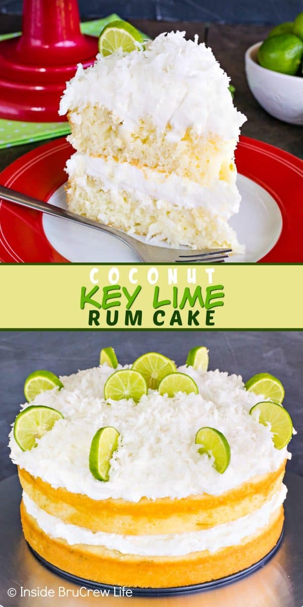 Two pictures of Key Lime Cake with coconut frosting collaged together with a yellow green text box