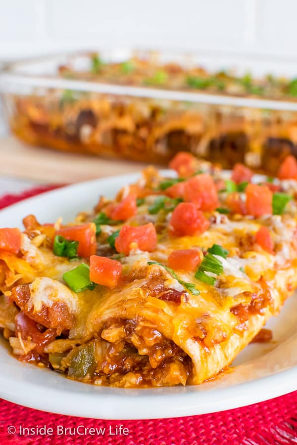 A close up picture of the inside of a Monterey Chicken Enchilada on a white plate