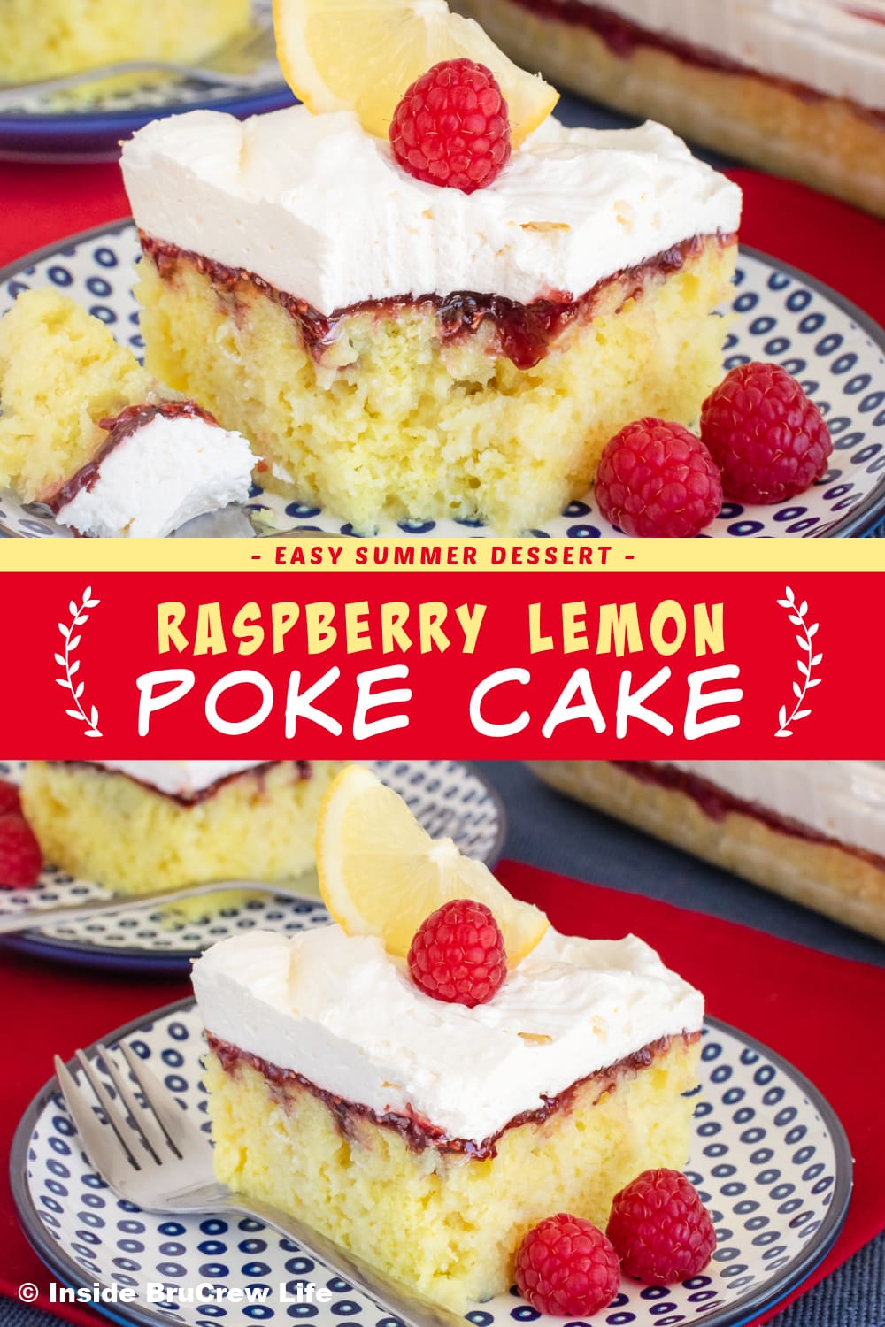 Two pictures of lemon raspberry cake collaged together with a red text box.