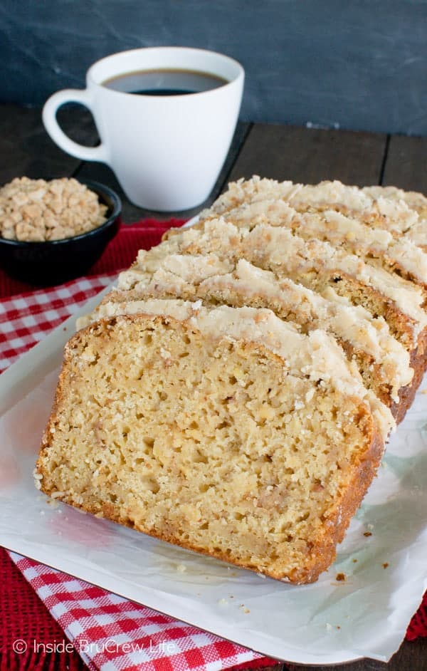 Toffee Apple Bread - shredded apples, toffee bits, and a brown sugar frosting makes this sweet bread recipe a keeper!