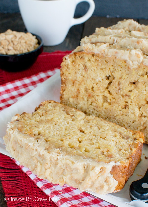 Toffee bits, frosting, and apples make this Toffee Apple Bread perfect for snacking on all day long!