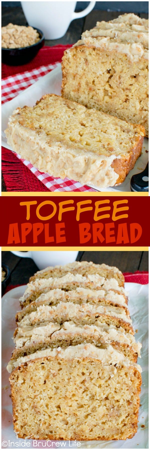 Toffee Apple Bread - shredded apples, toffee bits, and brown sugar frosting makes this sweet bread recipe disappear!