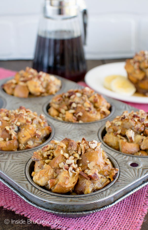 Adding bananas and pecans to these Banana Praline French Toast Muffins makes a delicious breakfast recipe! 