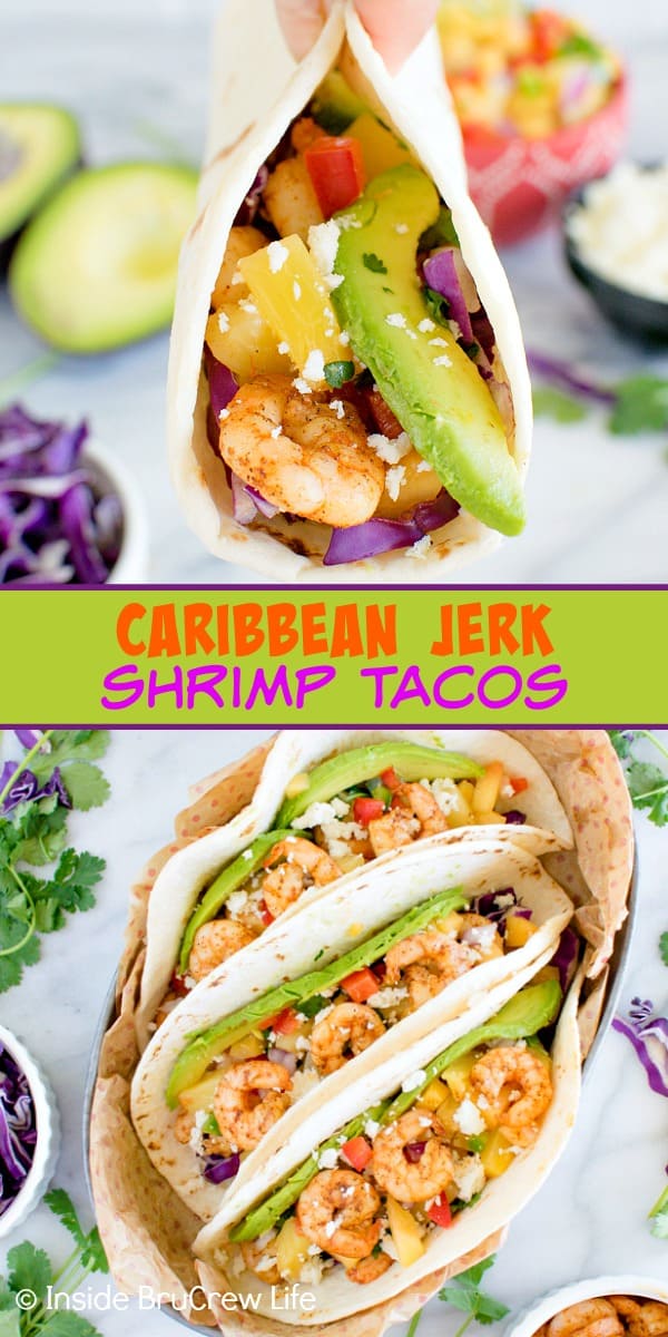 Two pictures of shrimp tacos collaged together with a green text box