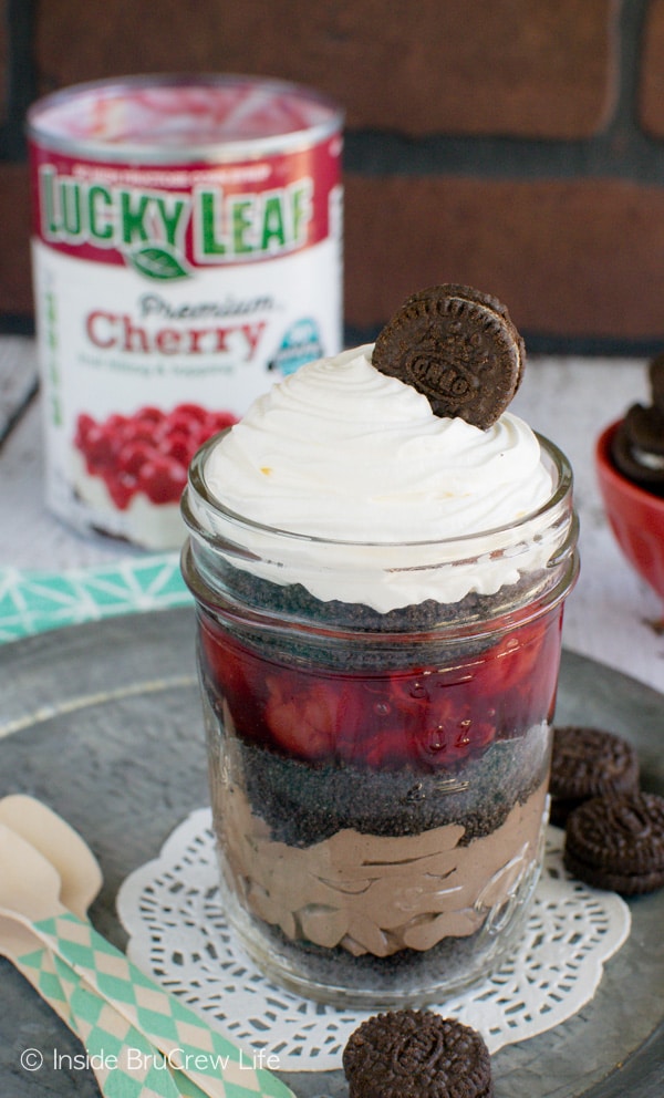 Cherry Chocolate Mousse Parfaits - cherry pie filling layered with cookies and chocolate makes a great no bake recipe.