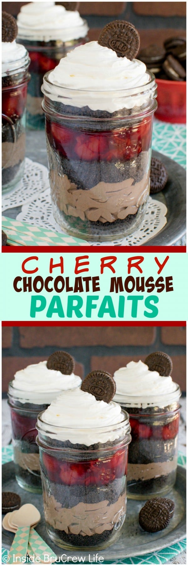 Cherry Chocolate Mousse Parfaits - layers of cherry pie filling, cookies, and chocolate makes a fun no bake treat for parties and picnics. Easy dessert recipe!