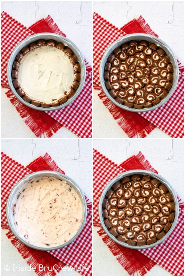 Four pictures showing how to put together the layers of a cherry swiss rolls cake