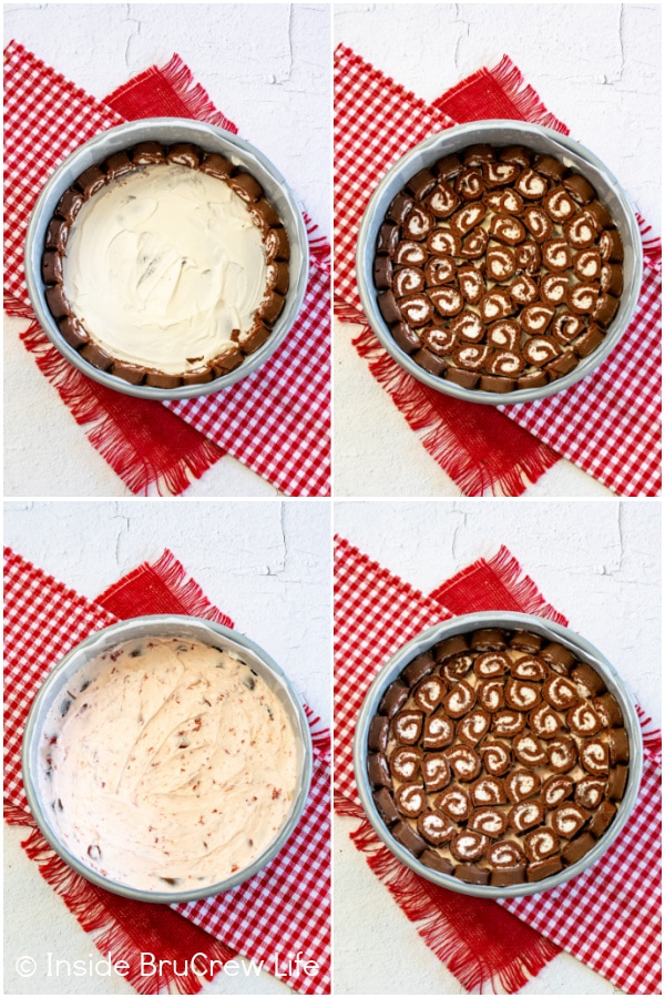 Four pictures showing how to put together the layers of a cherry swiss rolls cake