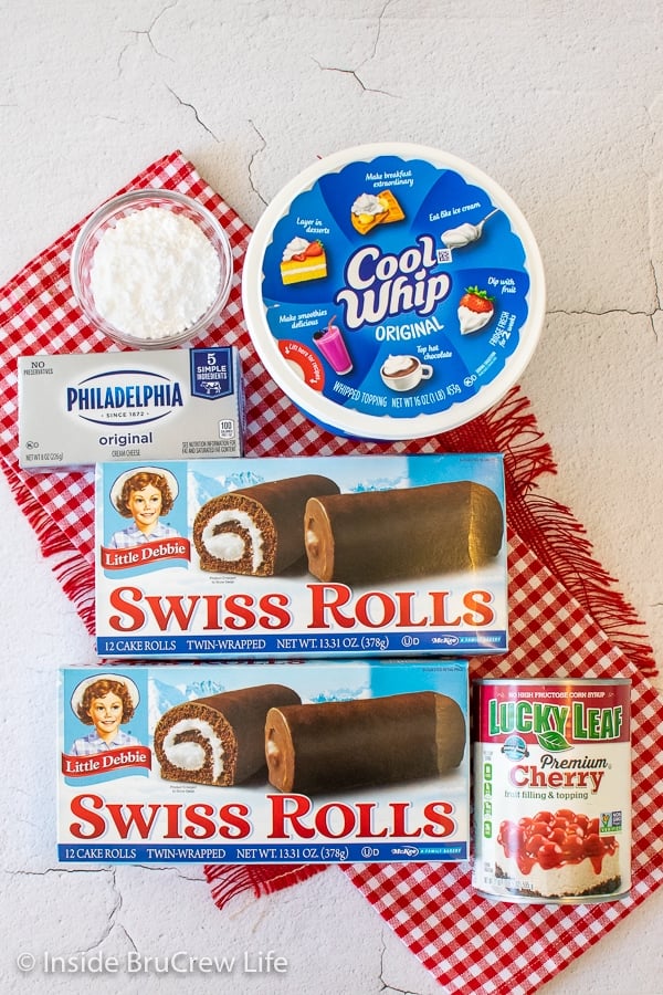 Overhead picture of the ingredients needed to make a no bake cherry swiss rolls cake