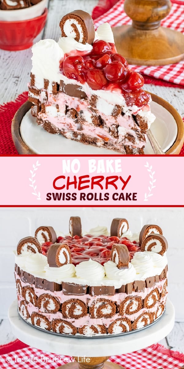 Two pictures of No Bake Cherry Swiss Rolls Cake collaged together with a pink text box