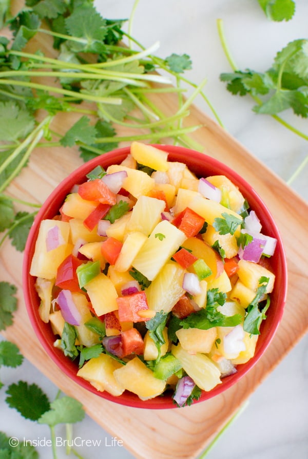 An overhead picture of a fresh, homemade fruit salsa.