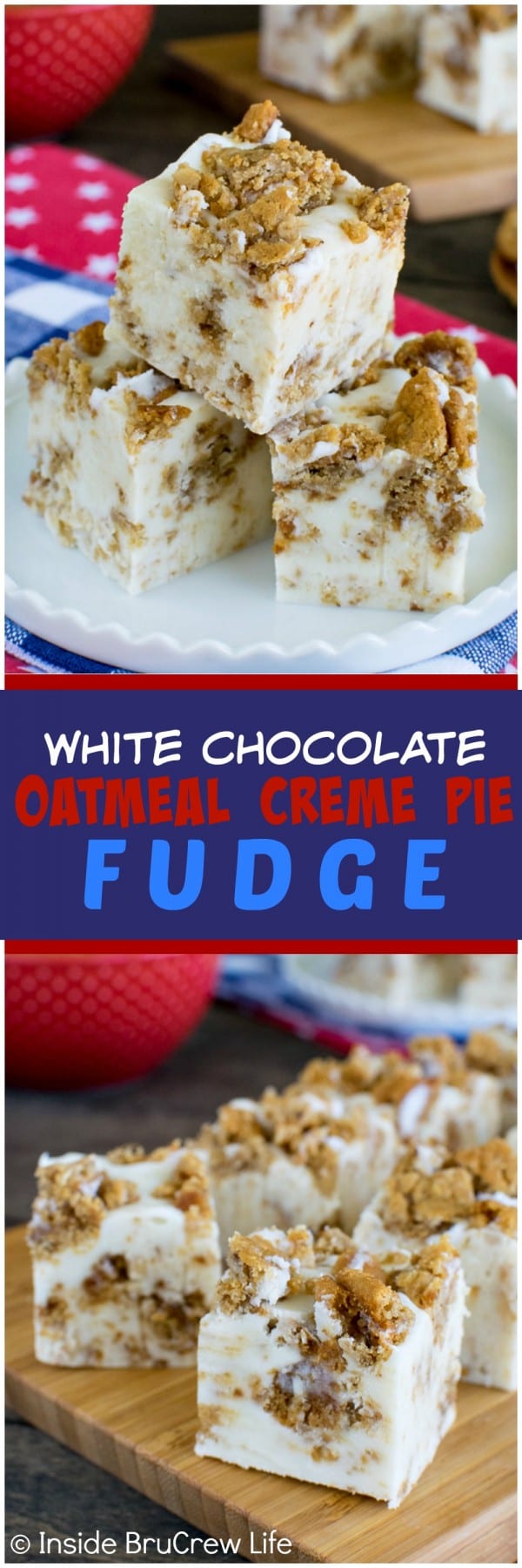 White Chocolate Oatmeal Creme Pie Fudge - this easy 4 ingredient fudge is loaded with soft oatmeal cookies and marshmallow. Awesome no bake dessert recipe!