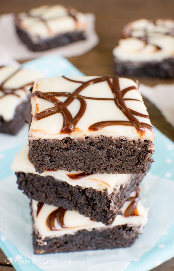 Zebra Brownies - white chocolate glaze and chocolate stripes make these fudgy brownies so good. Great dessert recipe!