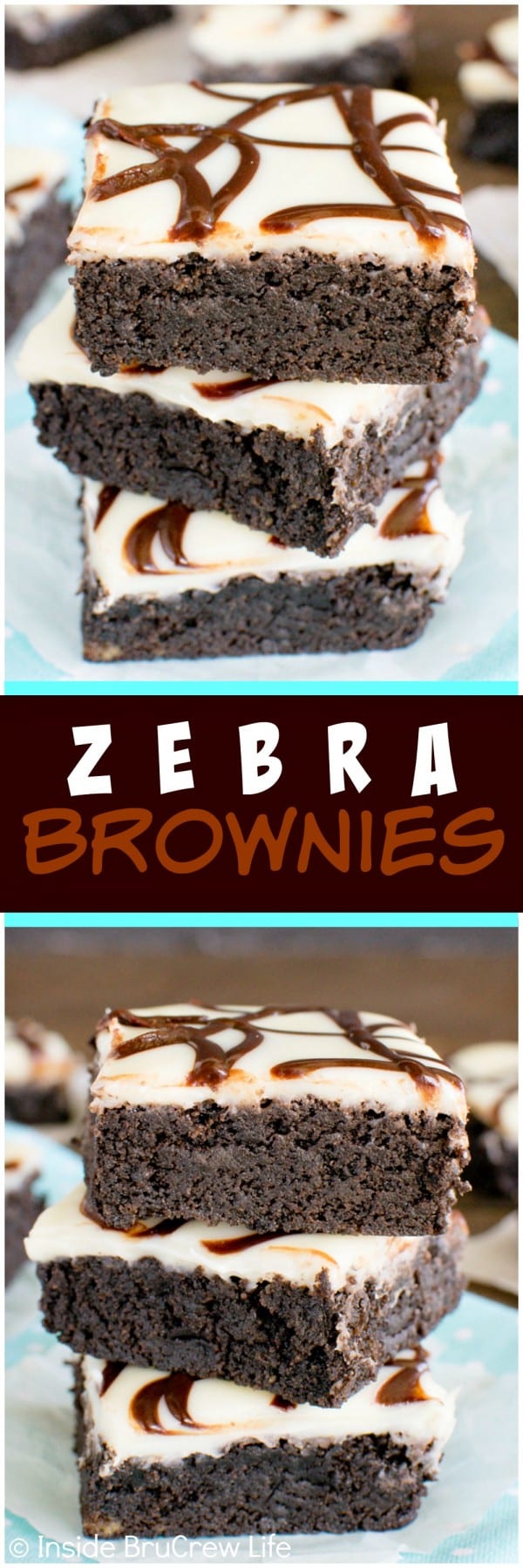 Zebra Brownies - white chocolate glaze and chocolate stripes make these fudgy homemade brownies disappear! Awesome dessert recipe!