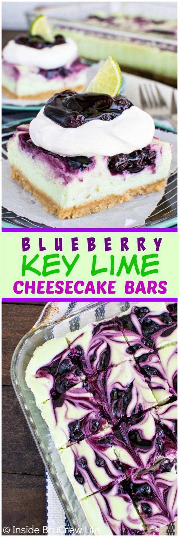 Blueberry Key Lime Cheesecake Bars - swirls of pie filling make these creamy citrus bars a fun summer dessert. Make this awesome recipe for parties and picnics. #cheesecake #blueberry #piefilling #cheesecakebars #keylime #summerdesserts