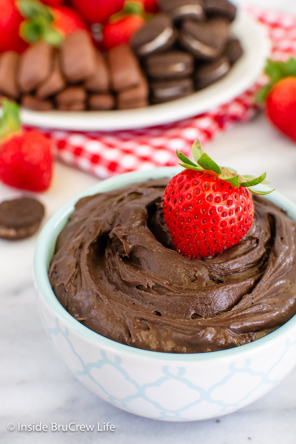 Chocolate fluff dip in a white bowl.