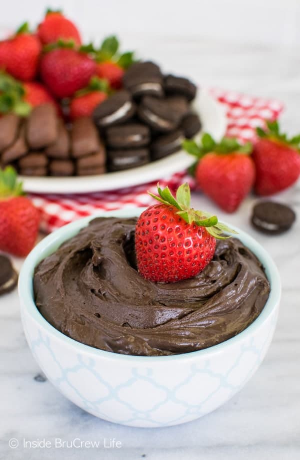 Dark Chocolate Cheesecake Dip - this creamy no bake dip is perfect for eating with cookies, crackers, or fruit. It's a must make recipe for parties and picnics!