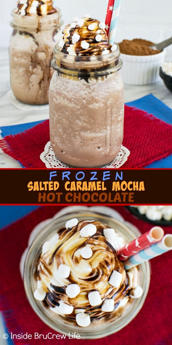 Two pictures of Frozen Hot Chocolate collaged together with a dark brown text box