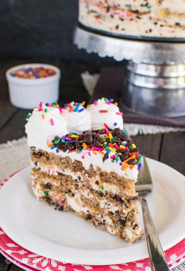 Funfetti Chocolate Chip Cookie Icebox Cake - layers of cookies and no bake cheesecake creates a fun no bake cake. Perfect summer recipe for picnics and parties!
