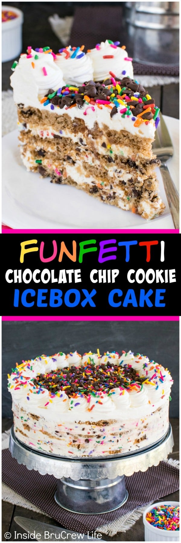 Two pictures of chocolate chip cookie icebox cake collaged with a black text box.