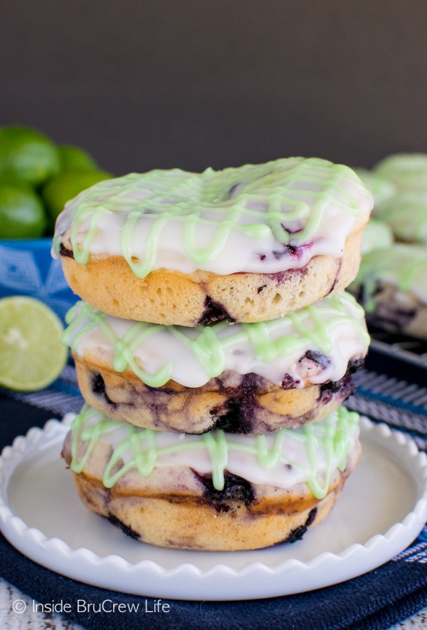Blueberries and key lime juice make these Blueberry Key Lime Donuts a fun summer breakfast recipe.