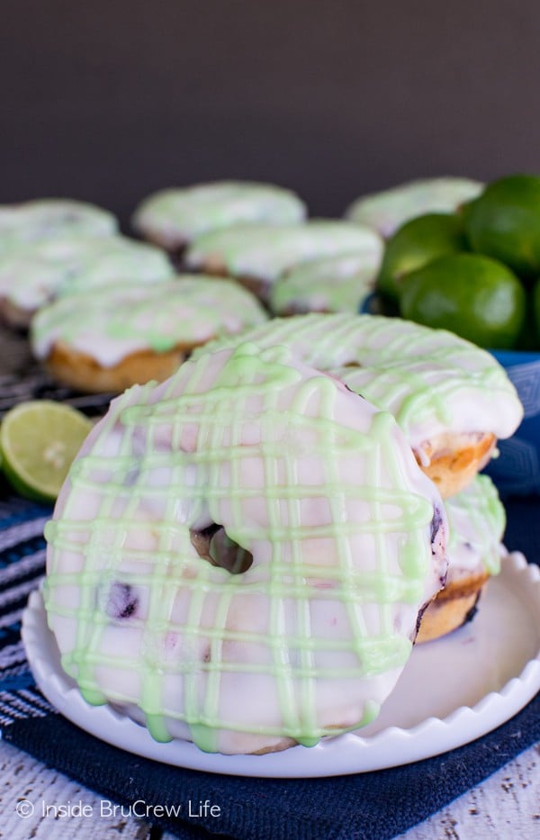 Blueberry Key Lime Donuts - two times the key lime juice makes these easy baked donuts a fun summer breakfast. Great recipe.