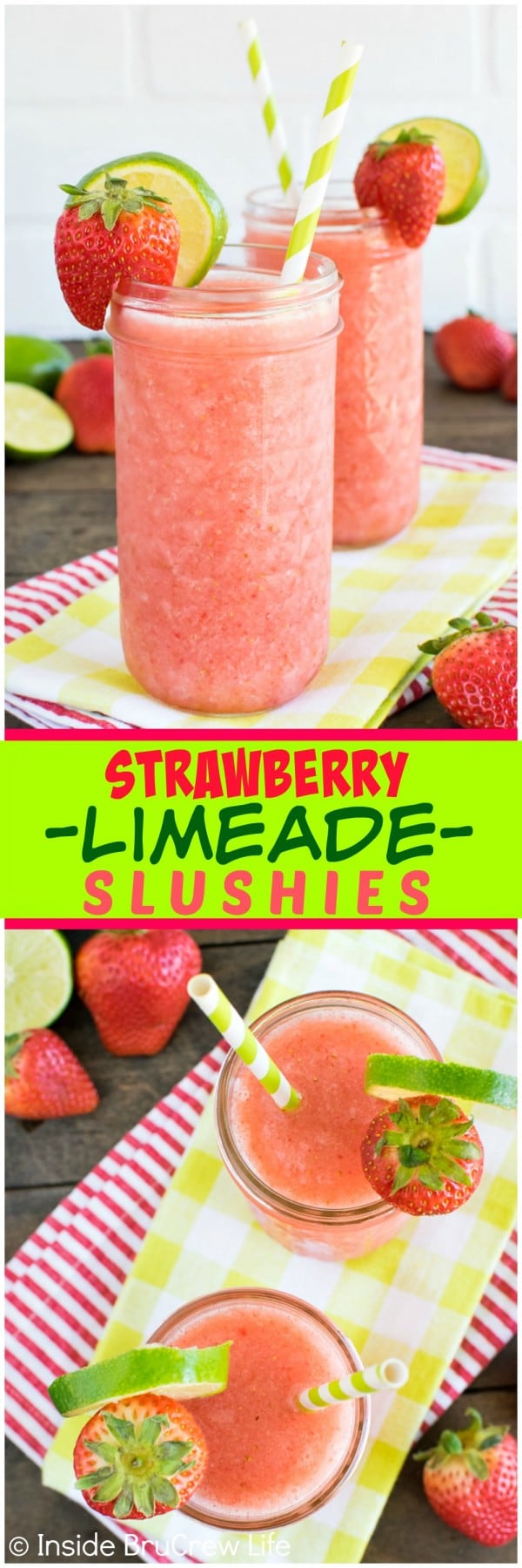 Strawberry Limeade Slushies - fresh berries, juice, and ice blended together makes a refreshing drink on a hot day! Great frozen drink recipe!