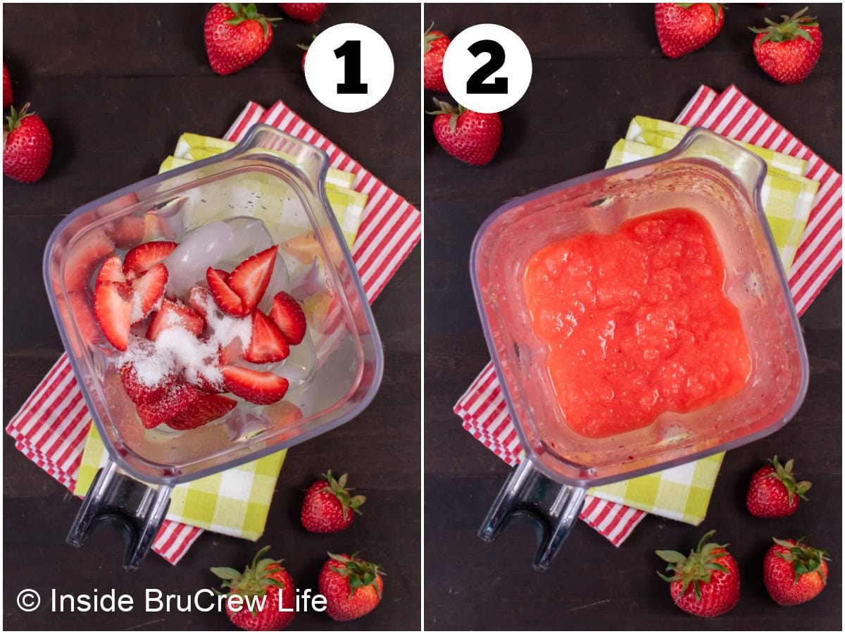 Two pictures collaged together showing how to make a frozen fruit drink.