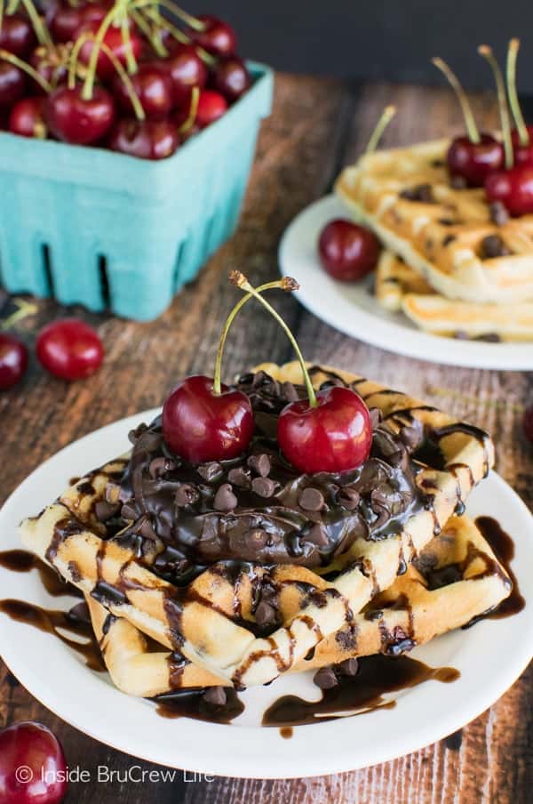 Cherry Chocolate Chip Waffles - fresh homemade waffles loaded with chocolate chips & fresh cherries! This is an amazing breakfast recipe!