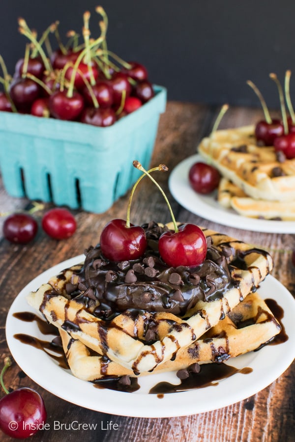 Cherry Chocolate Chip Waffles - fresh cherries and chocolate chips add a great taste to these homemade waffles. Awesome breakfast recipe!