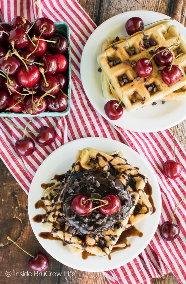 Chocolate chips & fresh cherries make these homemade Cherry Chocolate Chip Waffles a great way to start the day! Awesome breakfast recipe!