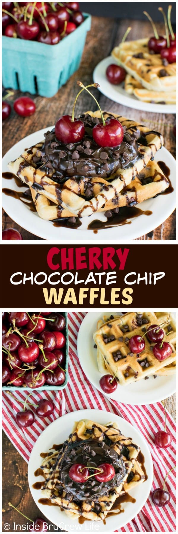 Cherry Chocolate Chip Waffles - these homemade waffles are loaded with fresh cherries and chocolate! Best breakfast recipe to start the day!!