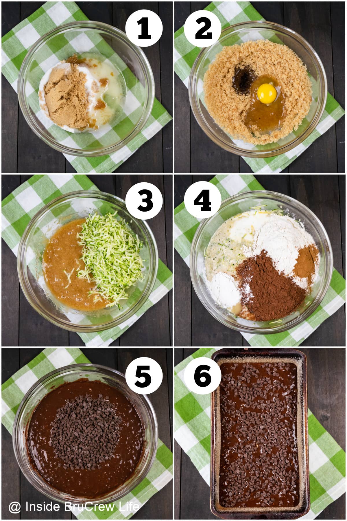 Six pictures collaged together showing how to make a chocolate zucchini bread batter.