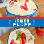 Two pictures of lemon fluff collaged with a blue text box.