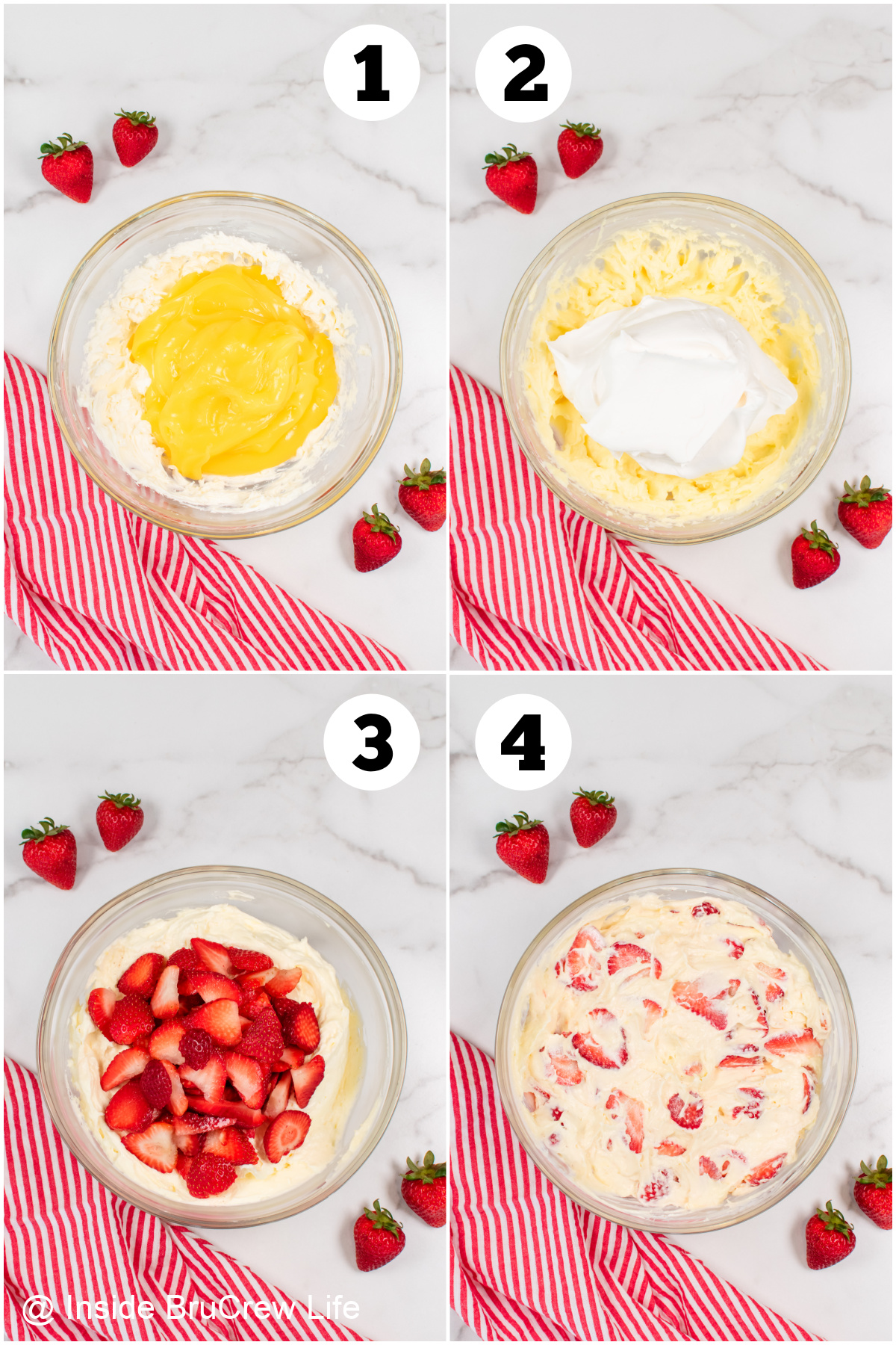 Four pictures collaged together showing how to make a lemon fluff dessert.