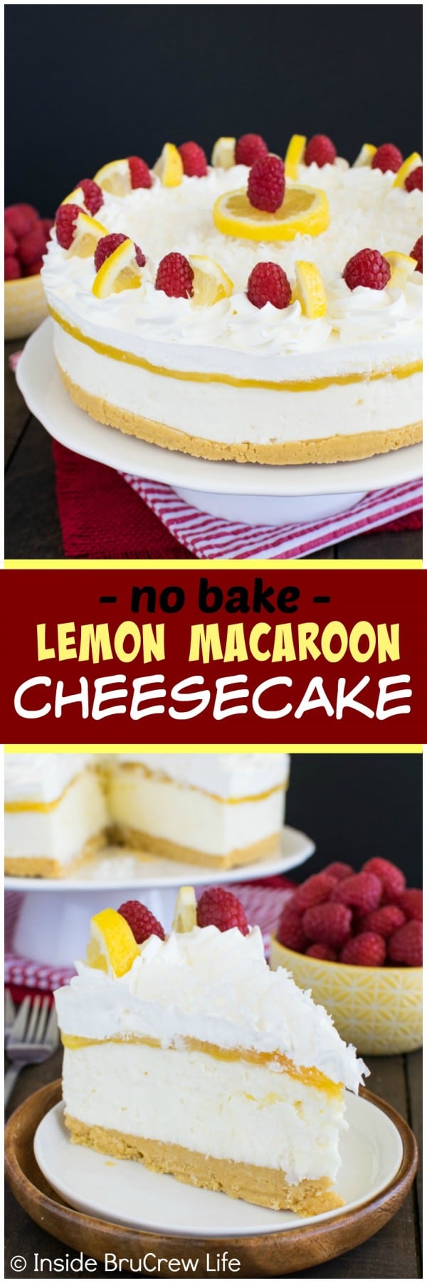 No oven is needed to make this awesome layered No Bake Lemon Macaroon Cheesecake recipe. You will love the cookies, lemon curd, and creamy cheesecake!