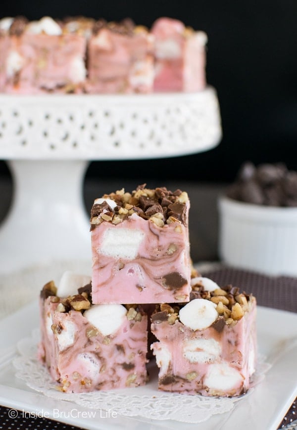 Strawberry Rocky Road Fudge - adding chocolate, marshmallows, and pecans makes this easy fudge disappear in a hurry! Great no bake dessert recipe!