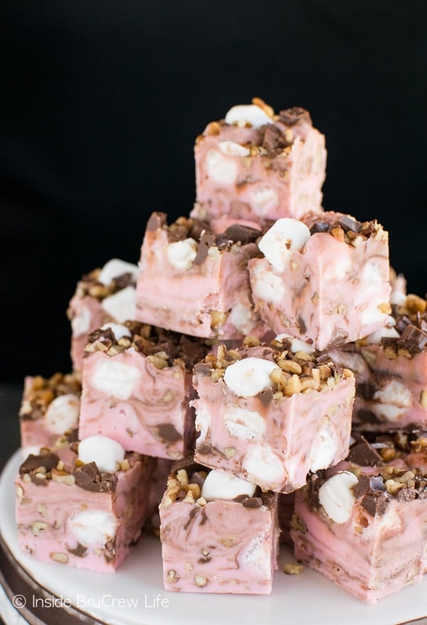 Marshmallows, pecans, and chocolate chunks make this easy Strawberry Rocky Road Fudge a fun no bake dessert recipe.