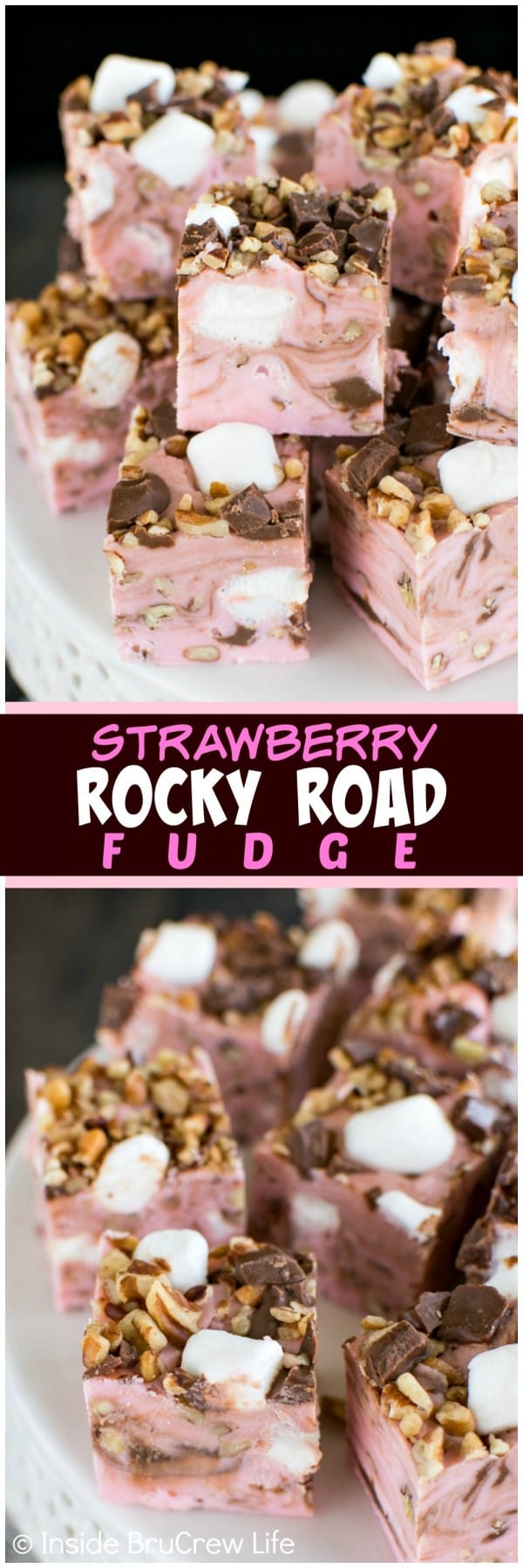 Strawberry Rocky Road Fudge - this easy fudge is loaded with chocolate, marshmallows, and pecans! It's the perfect no bake dessert recipe!