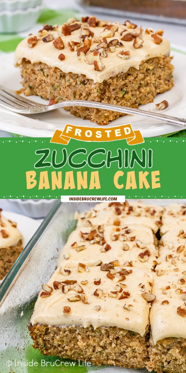 Two pictures of zucchini banana cake collaged together with a green text box.