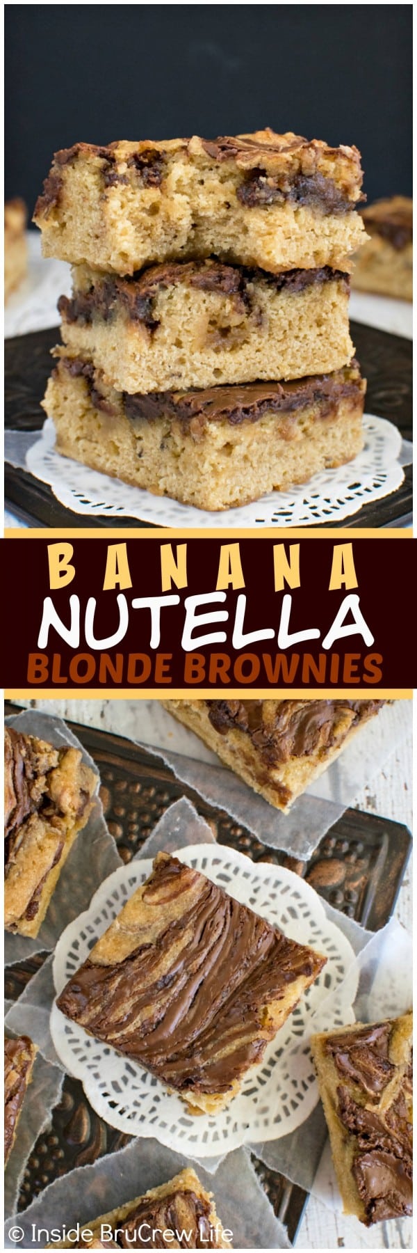 Banana Nutella Blonde Brownies - swirls of chocolate will make these soft bars your new favorite way to use up bananas! Awesome dessert recipe!