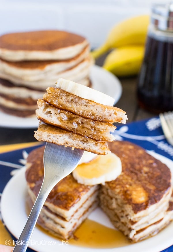 These easy Banana Pancakes make a great breakfast. Keep a batch in the freezer for later! Great breakfast recipe!