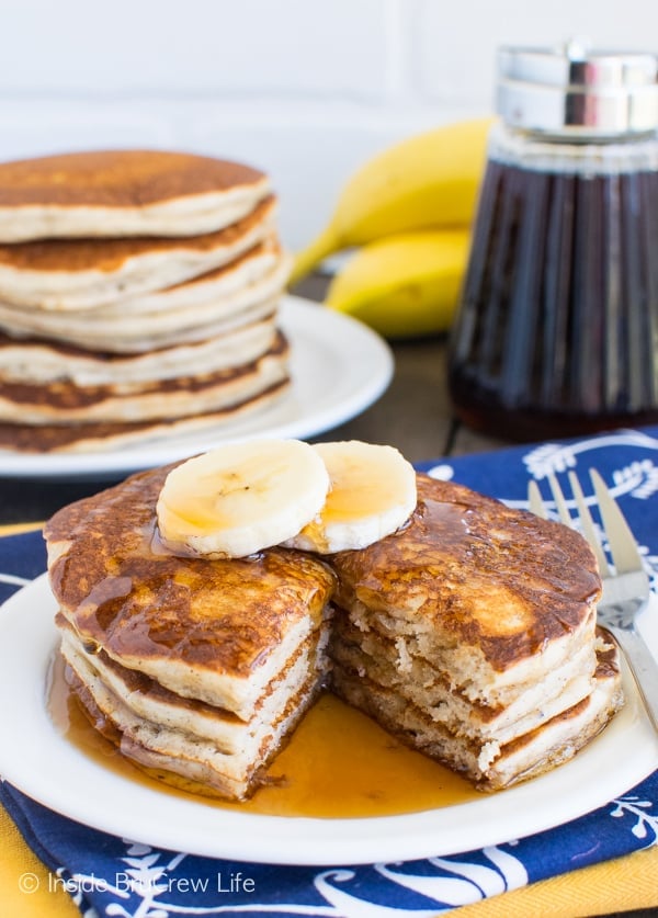 These easy Banana Pancakes come together quickly in the blender. Great breakfast recipe to make ahead and freeze for later!